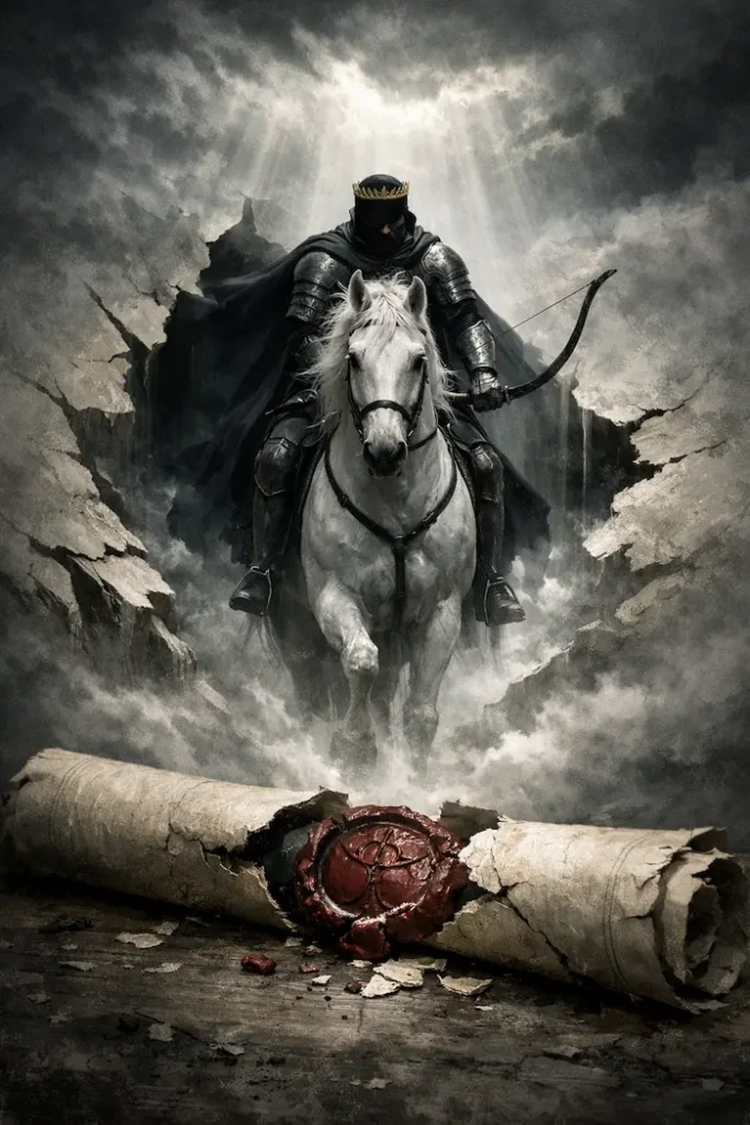 Infographic on the white horse of the apocalypse in Revelation 6.