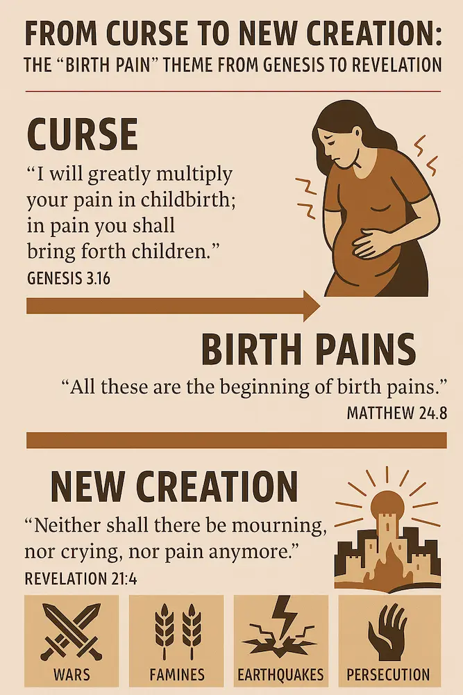 Infographic about the beginning of birth pains in Matthew 24:7-8.