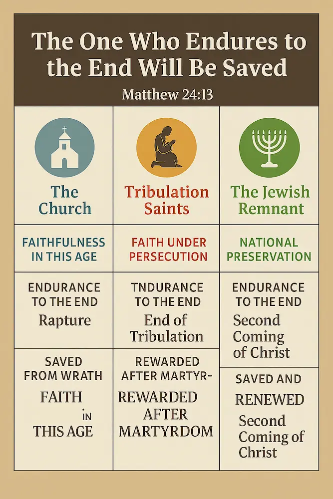 Infographic about the one who endures to the end will be saved as taught by Jesus in Matthew 24:13.