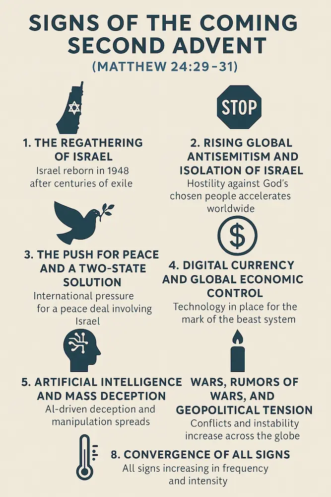 Infographic about the signs of the Second Coming of Jesus after the Tribulation as described in the Olivet Discourse in Matthew 24.