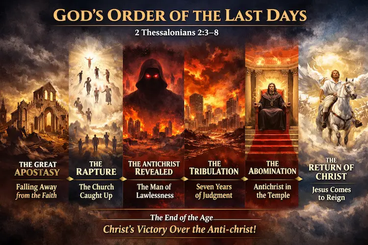 Infographic of the order of events by the restrainer in the Bible as explained in 2 Thessalonians 2:5-7.