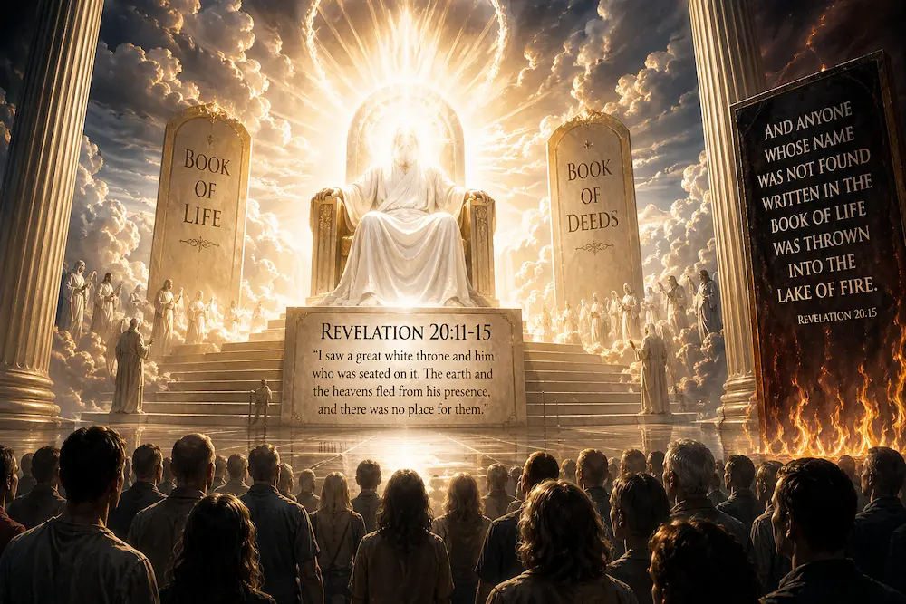 infographic explaining the great white throne judgment in Revelation 20.