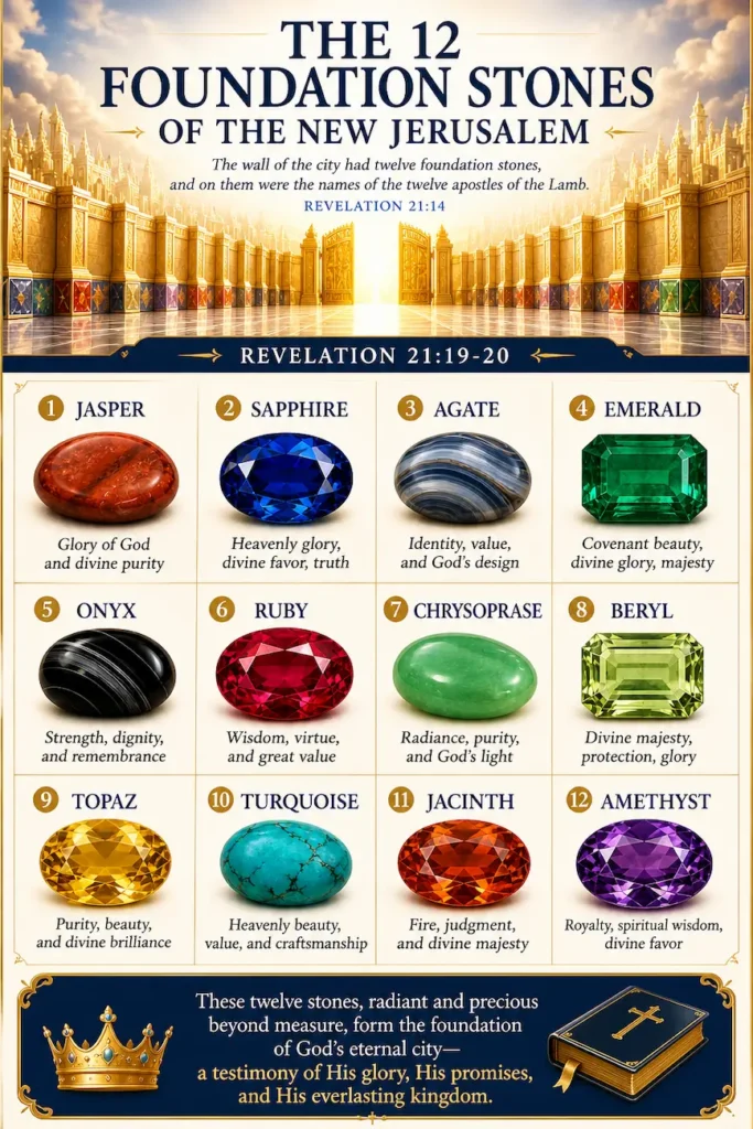 twelve foundation stones of heaven infographic Revelation 21:19-20 stones list