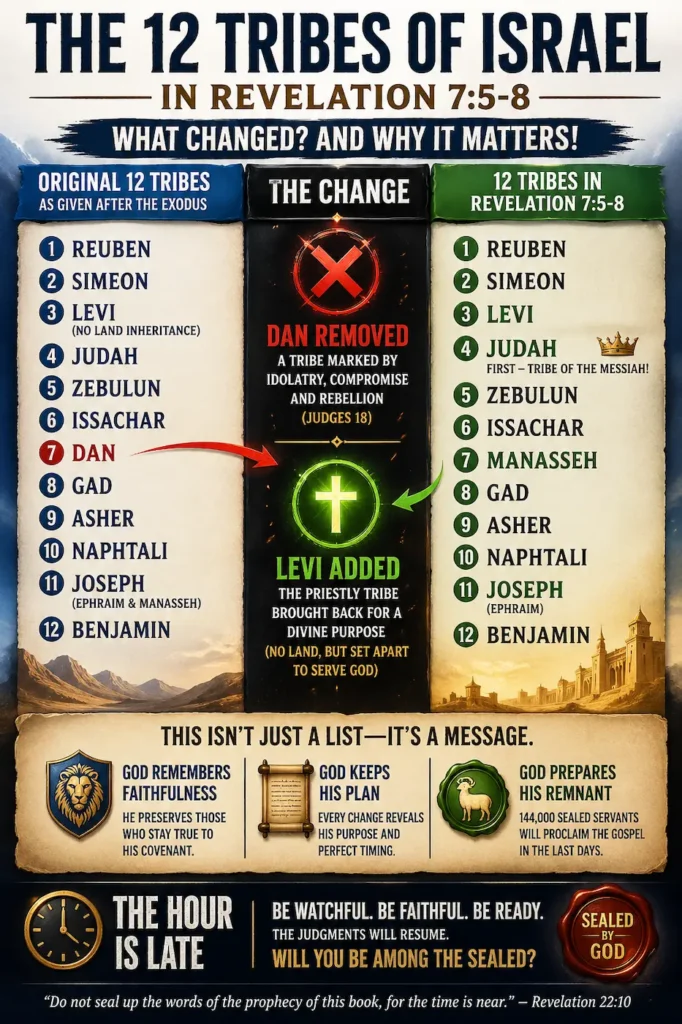Infographic showing the 12 tribes of Israel in Revelation 7:5–8, highlighting Dan removed and Levi added among the 144,000 sealed servants