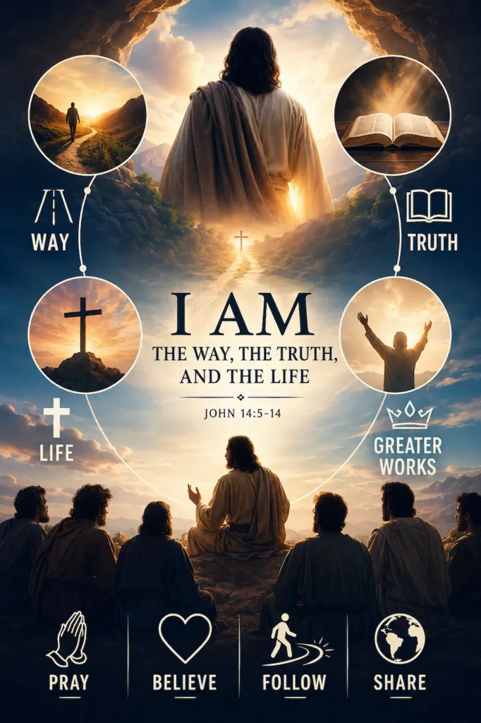Infographic about Jesus teaching His disciples that He is the way, the truth, and the life in John 14
