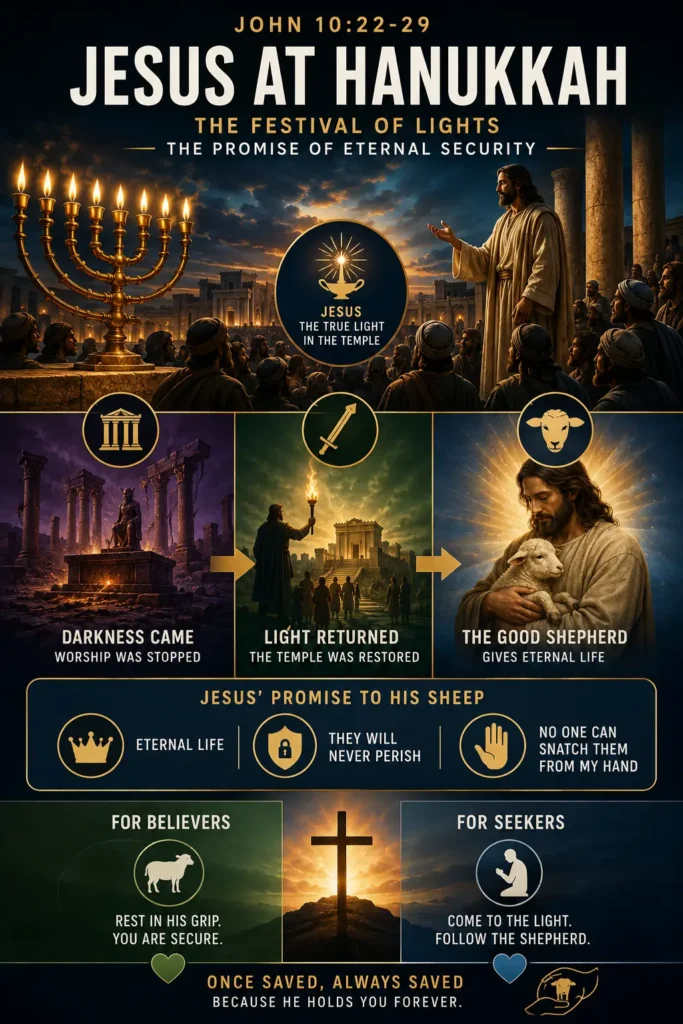 Infographic describing the transition from the Feast of Dedication or Hanukkah, also known Festival of Lights into the security of Christ as the true light and the assurance of once saved always saved.