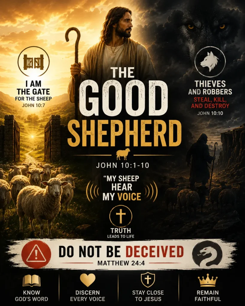 Powerful Christian infographic depicting Jesus as the Good Shepherd protecting His sheep while warning believers to discern truth and avoid deception in the last days.