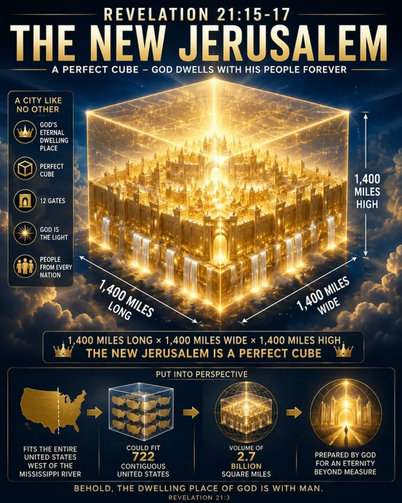 Infographic of the New Jerusalem dimensions in Revelation 21:15-17 showing a massive golden perfect cube measuring 1,400 miles long, wide, and high.