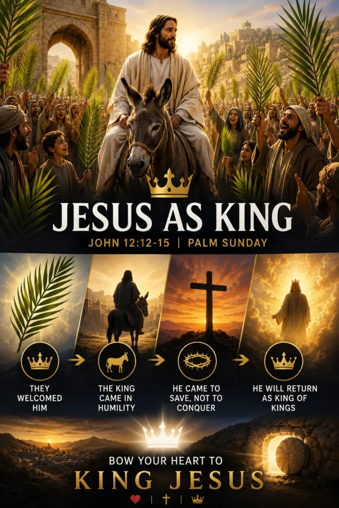 Infographic about Jesus as King coming into Jerusalem on Palm Sunday scripture in John 12.