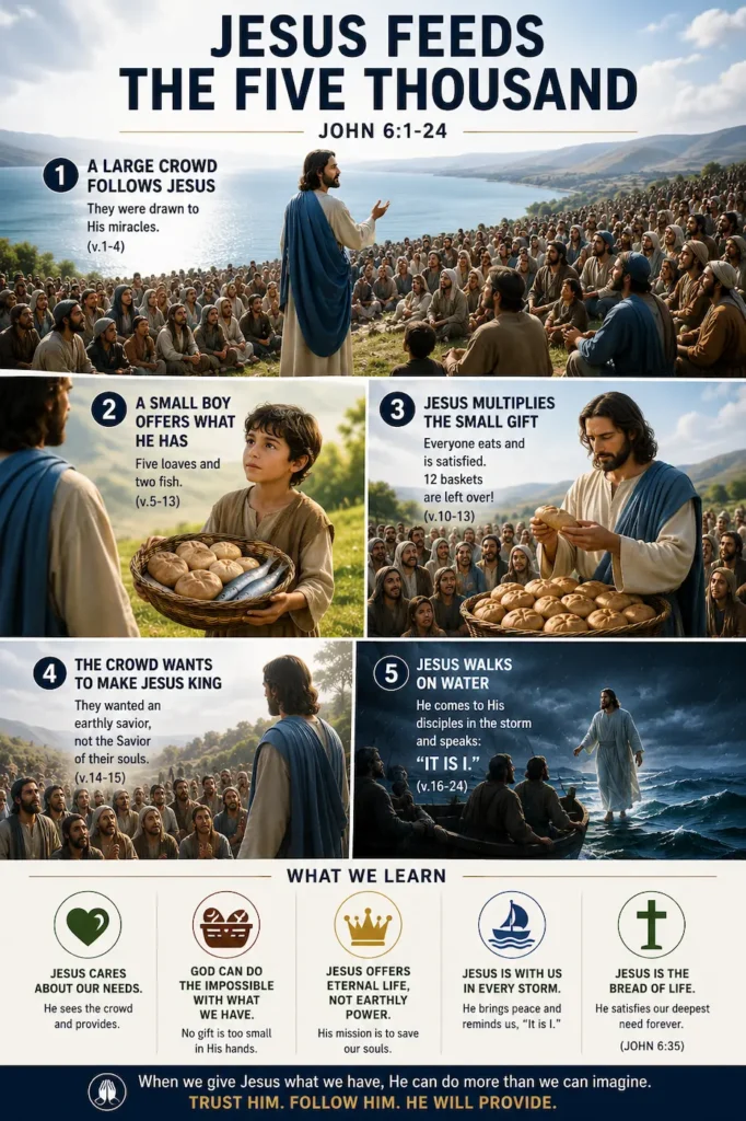 Infographic about how Jesus feeds the five thousand and walks on water and calms the disciples fears in John 6:1-124.