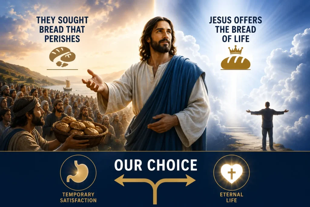 Infographic on the meaning of Jesus is the bread of life in John 6:25-40.