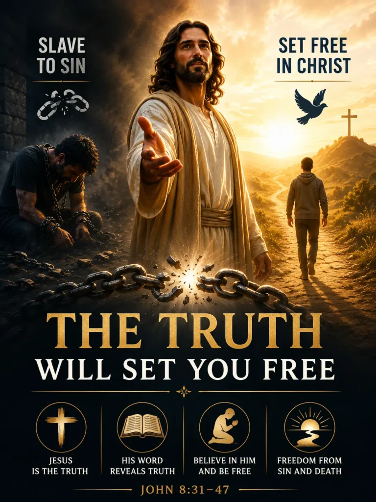 Infographic that explains why Jesus is the truth that will set you free as taught in John 8.