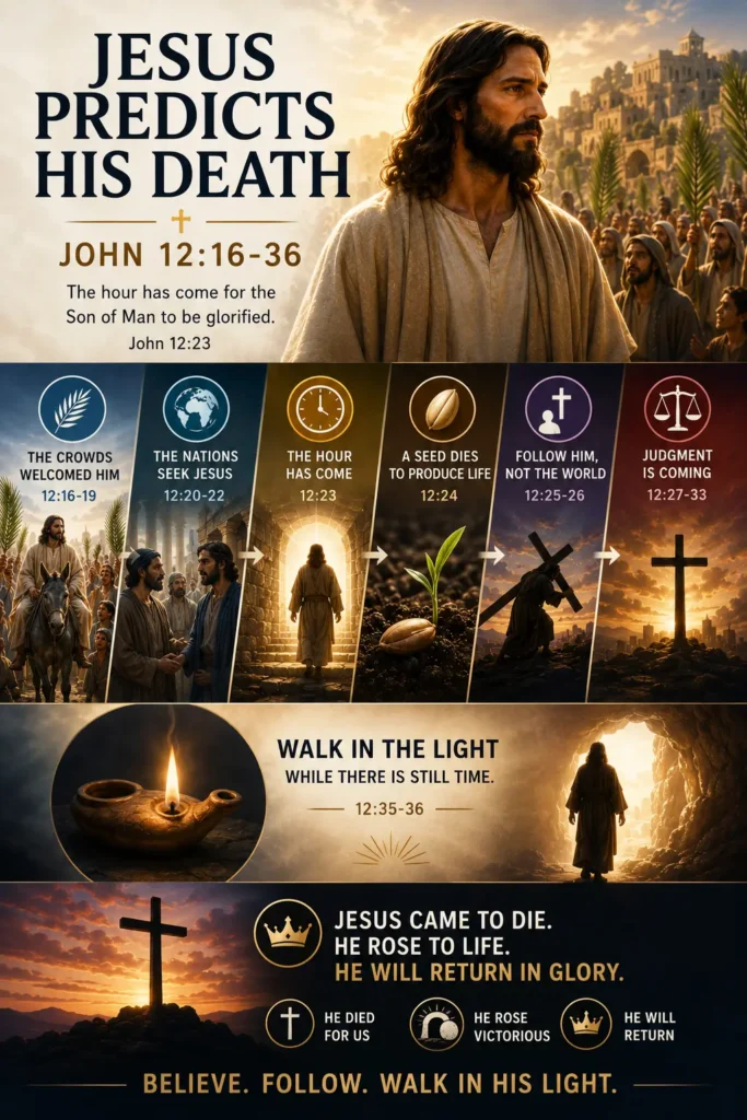 Infographic about Jesus prediction of His death and the meaning of John 12:23 and John 12:24.