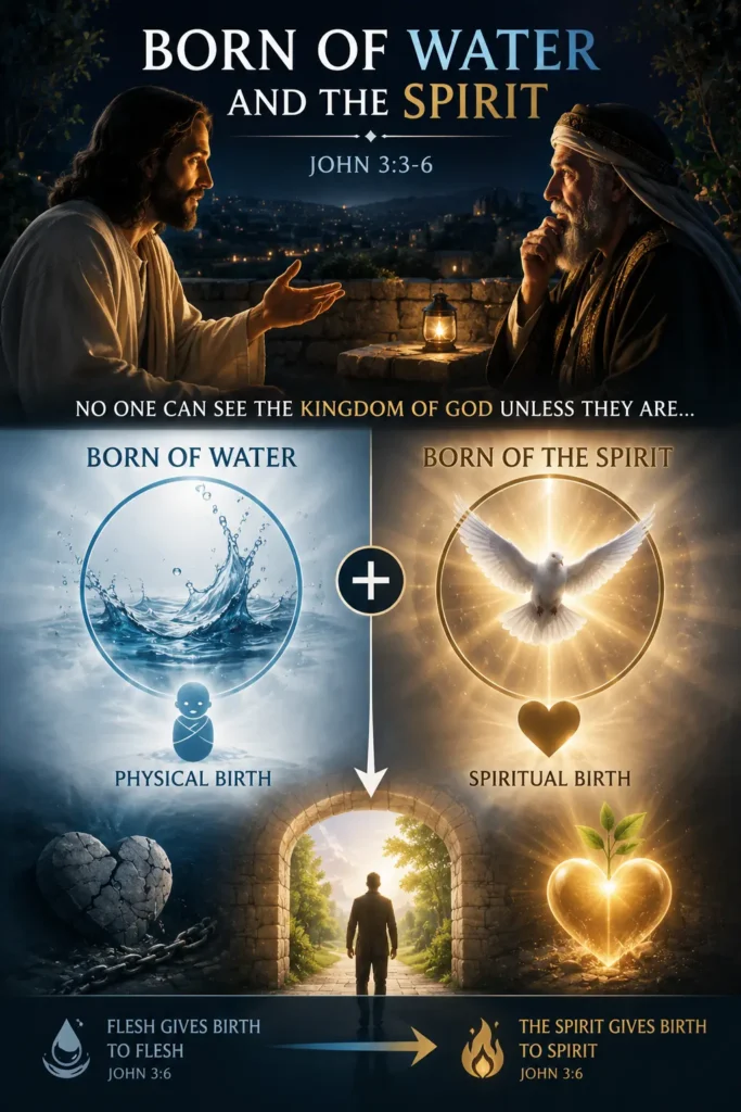 Infographic of Jesus explaining to Nicodemus the meaning of "born of water" in John 3:5.