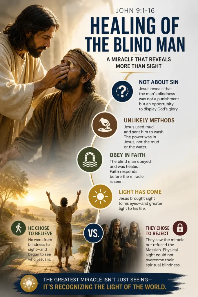 Infographic of the blind man healed by Jesus and the key lessons in John 9 about physical blindness vs. spiritual blindness.