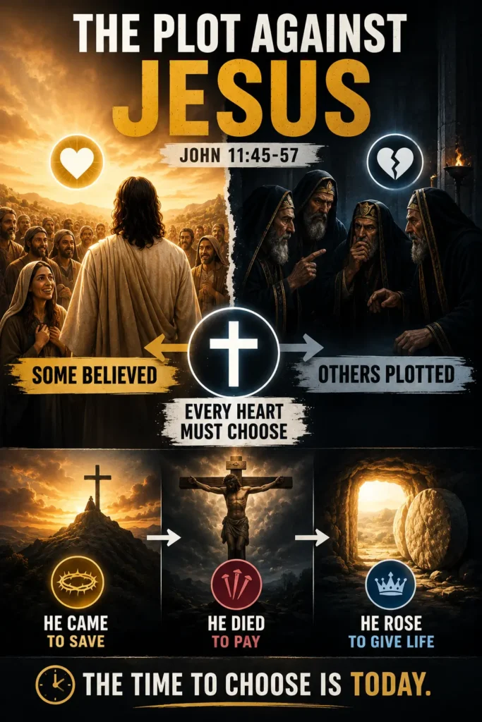 Infographic about the plot against Jesus and how many believed in Him in John 11:45-57.