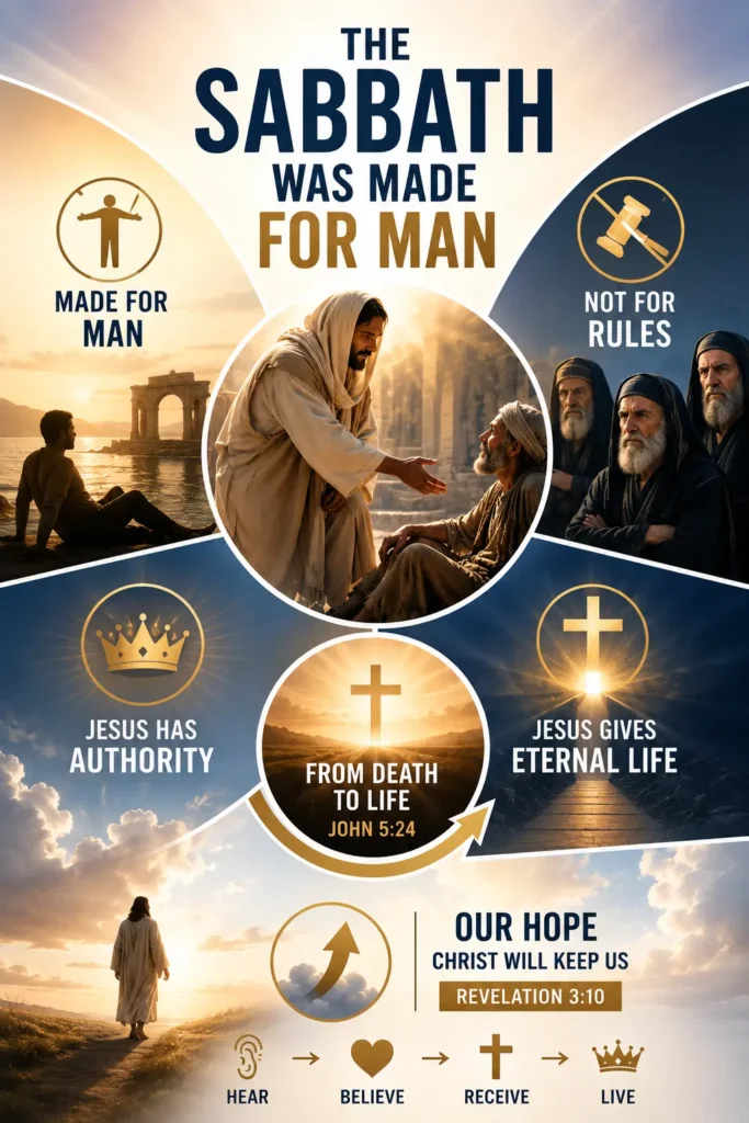 Infographic image explaining simply what Jesus meant when He said the sabbath was made for and man was not made for the sabbath.