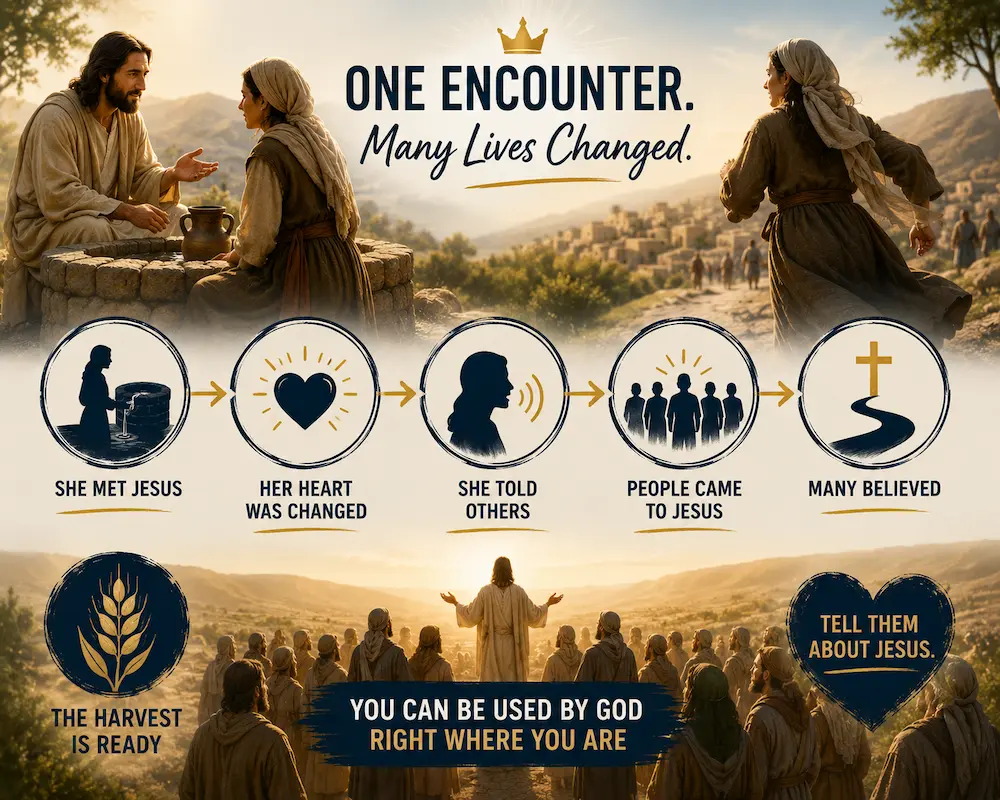 Infographic about when Jesus teaches evangelism and how to share your faith and demonstrates that the harvest is plentiful in pointing people to Christ in John 4.