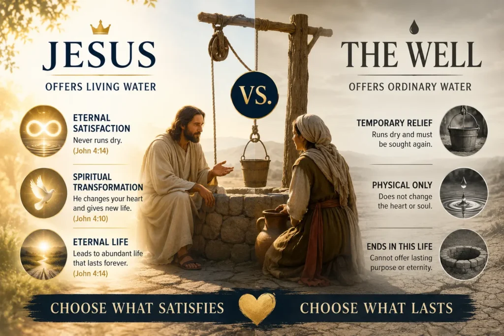 Infographic of the Samaritan woman story where Jesus at the well teaches on about the living water in John 4.