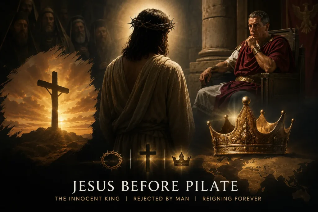 Infographic on Jesus before pilate as the King of the Jews and expressing the meaning of "My kingdom is not of this world."