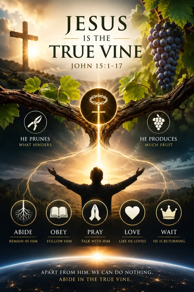 Infographic about how John 15 teaches that Jesus is the true and what it means to abide in the true vine. It introduces the "I am the true vine' statement and what it means to abide in Christ. 