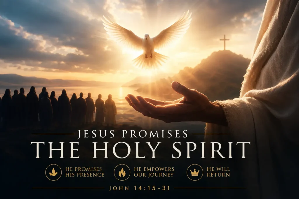 Infographic on how Jesus promises the Holy Spirit. After His death, the promise of the Holy Spirit will indwell those who are saved.