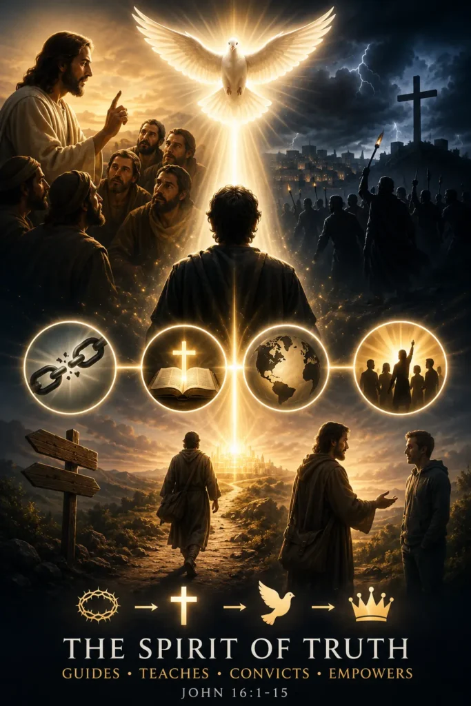 A John 16 infographic that explains after the last days of Jesus the Spirit of Truth will come.