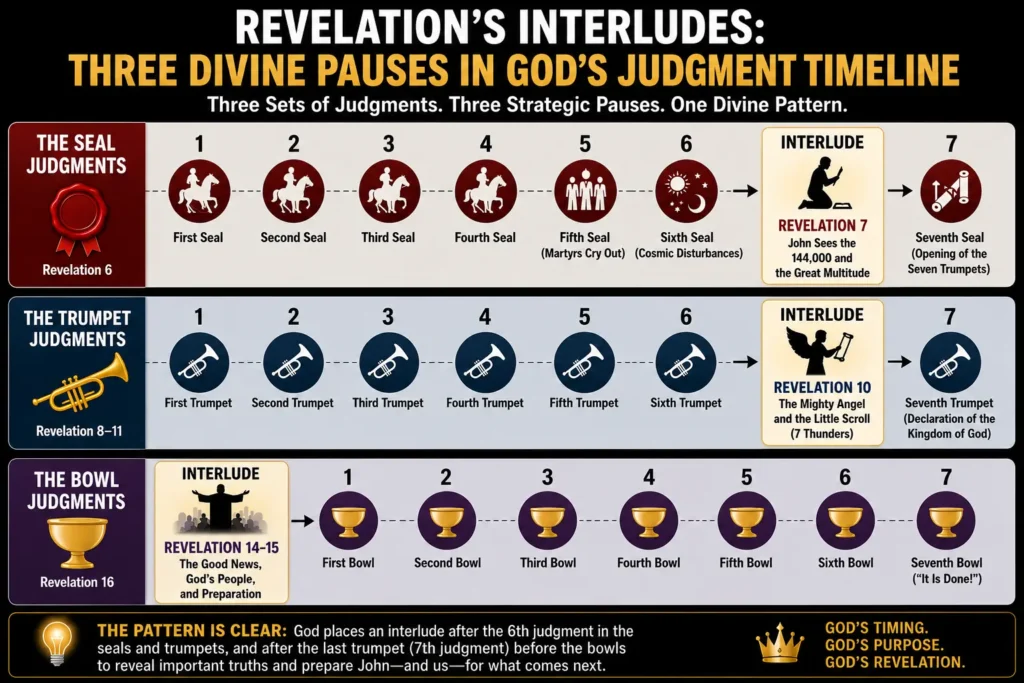 Infographic on the Revelation 10 interlude with the mighty angel with the little scroll and the 7 thunders.