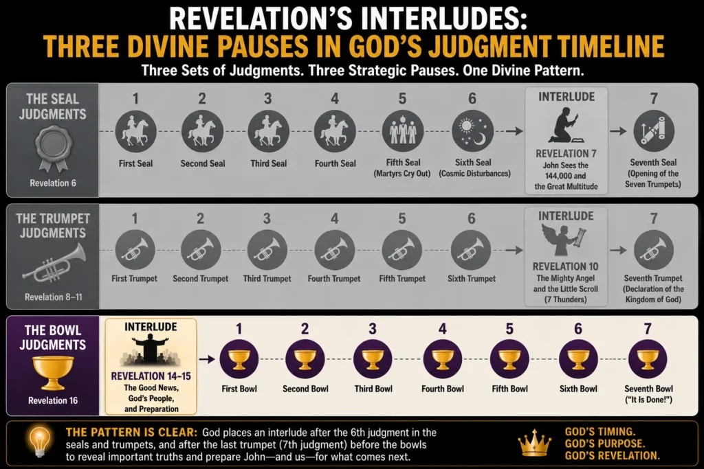 Revelation 14 trumpet judgment  third interlude infographic explaining the work of the 144000 and the three angels.