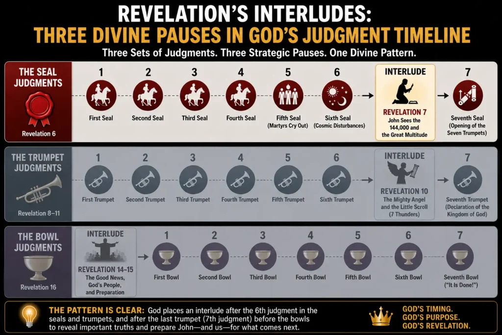 Revelation 7 infographic explaining the first interlude during the seals judgments to explain who the mulititudes in white robes are.