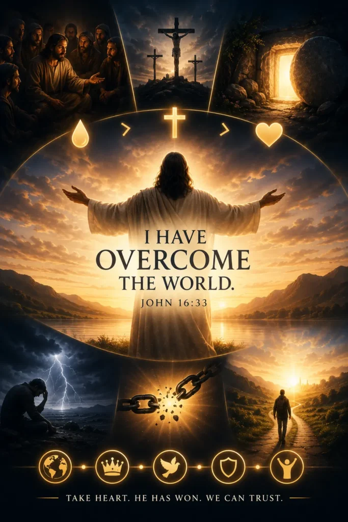 An infographic that simply explains what Jesus meant when He said, "Take heart! For I have overcome the world" in John 16:33.