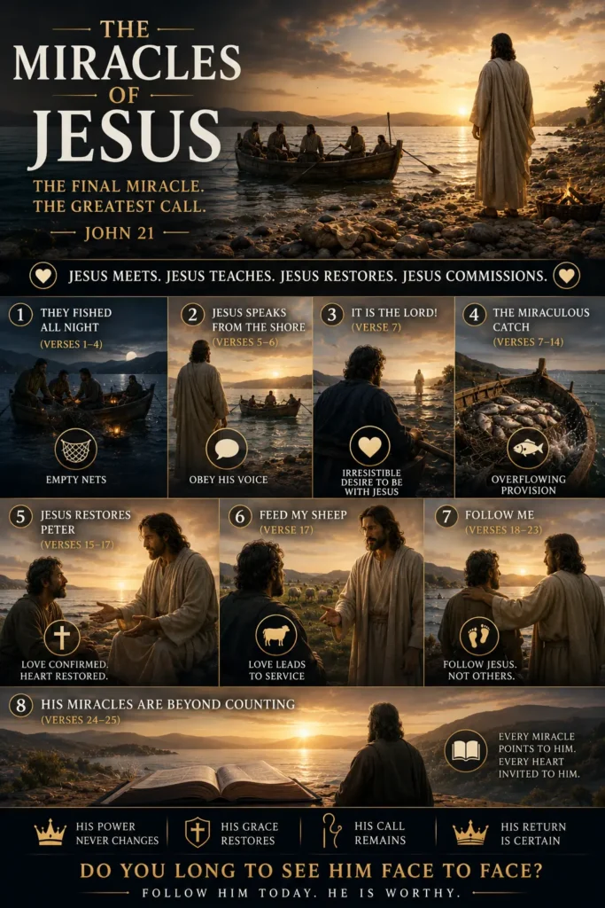 An infographic on the final miracles of Jesus and how Jesus reinstates Peter iin John 21.