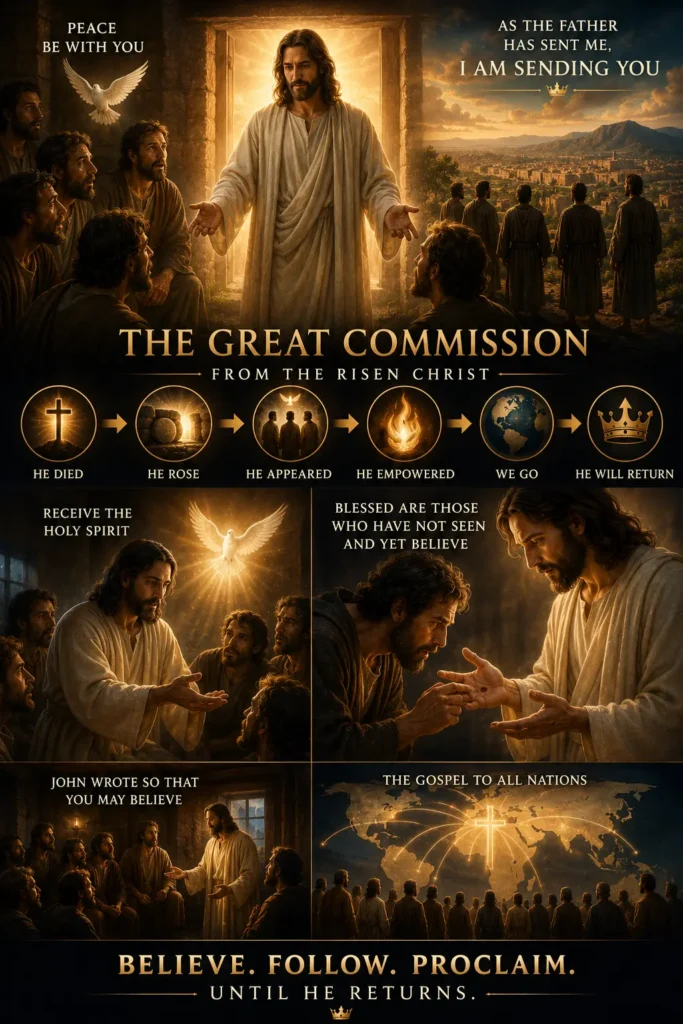 Infographic that explains the answer to what is the great commission taught by Jesus in John 20.