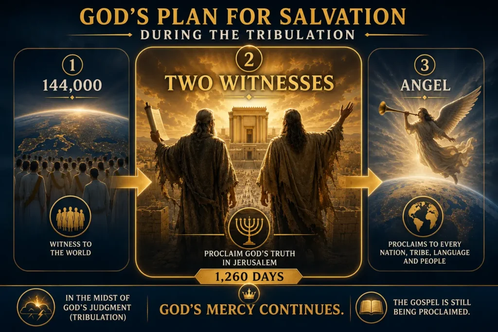 infographic of the 2 witnesses in Revelation in sackcloth as part of God's salvation plan in the Tribulation.