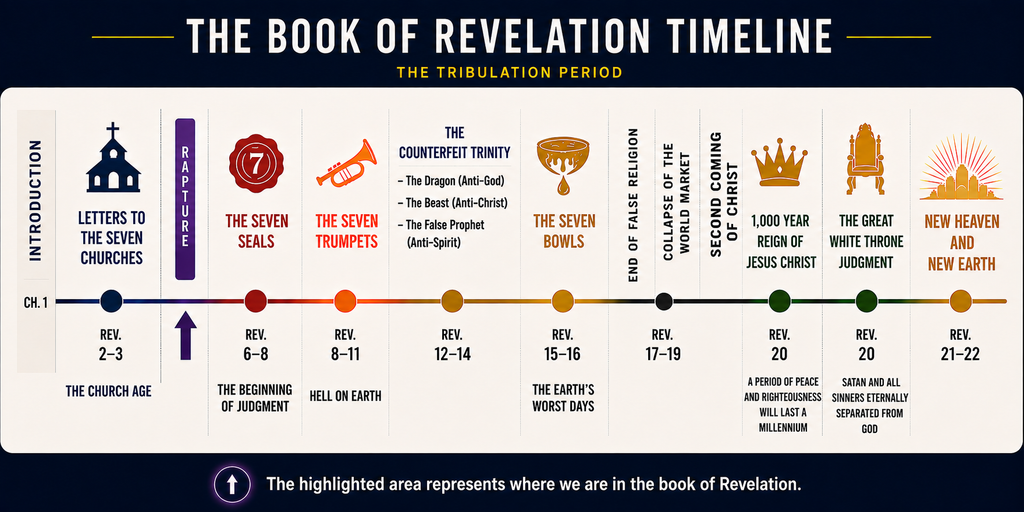 Infographic explaining in more detail the 7 year Tribulation timeline as spoken in Revelation within the end times tiimeline.