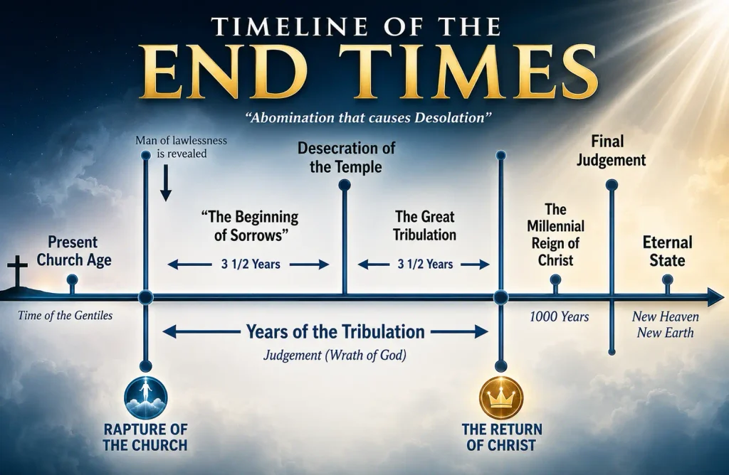 Infographic on the seven years of the Tribulation timeline and where it falls within the End Times timeline.