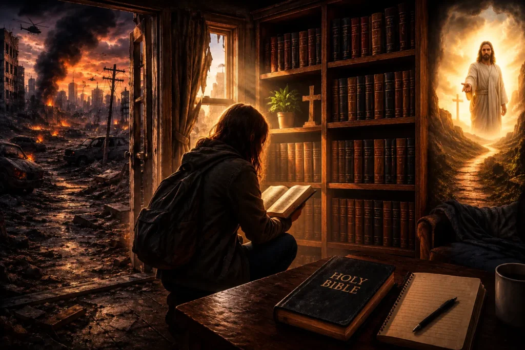 An infographic image of those left behind searching for a gospel witness during the earth's worst days.