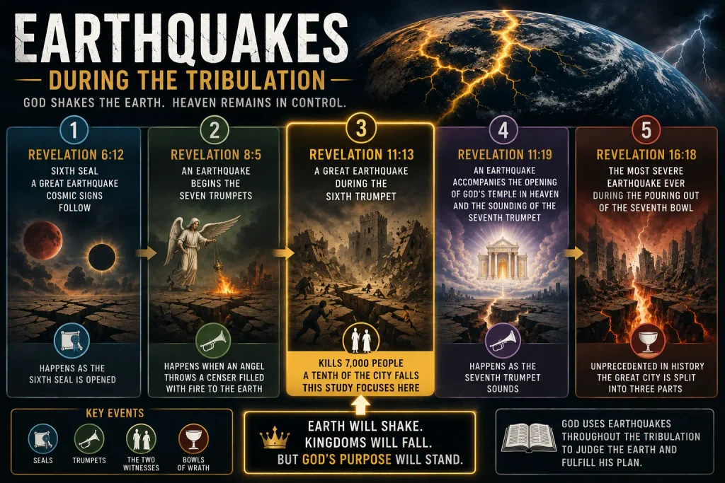Infographic explaining the revelation 11:13 earthquake that comes after the two witnesses of the five earthquakes during the Tribulation.