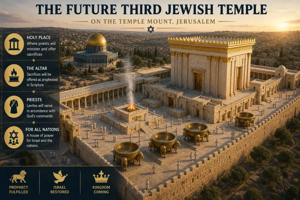 Infographic of a depiction of the future third Jewish Temple on the Temple Mount in Jerusalem as described in Revelation 11.