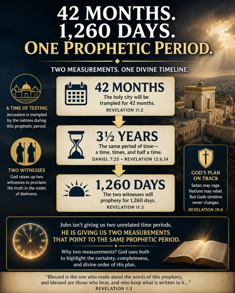 Infographic on the 2 witnesses in sackcloth in Revelation propecying in for 42 months and 1,260 days as explained in Revelation 11.