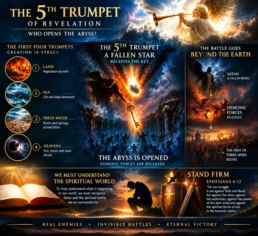 Infographic of the 5th trumpet of Revelation that explains who the demonic force behind the star is and who opens the abyss in Revelation 9.