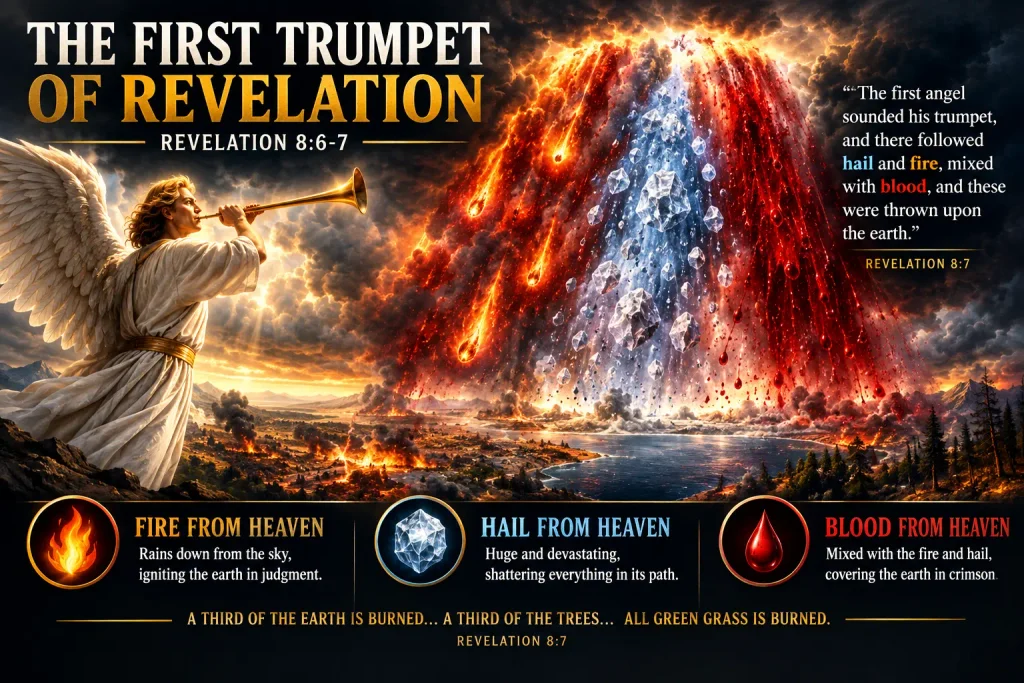 Infographic explaining the ecological devastation upon the earth beginning with the first trumpet of Revelation 8.