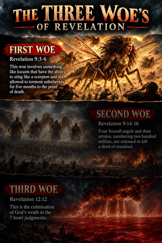 Infographic explaining the first woe of Revelation 9 in relation to all three woe's.