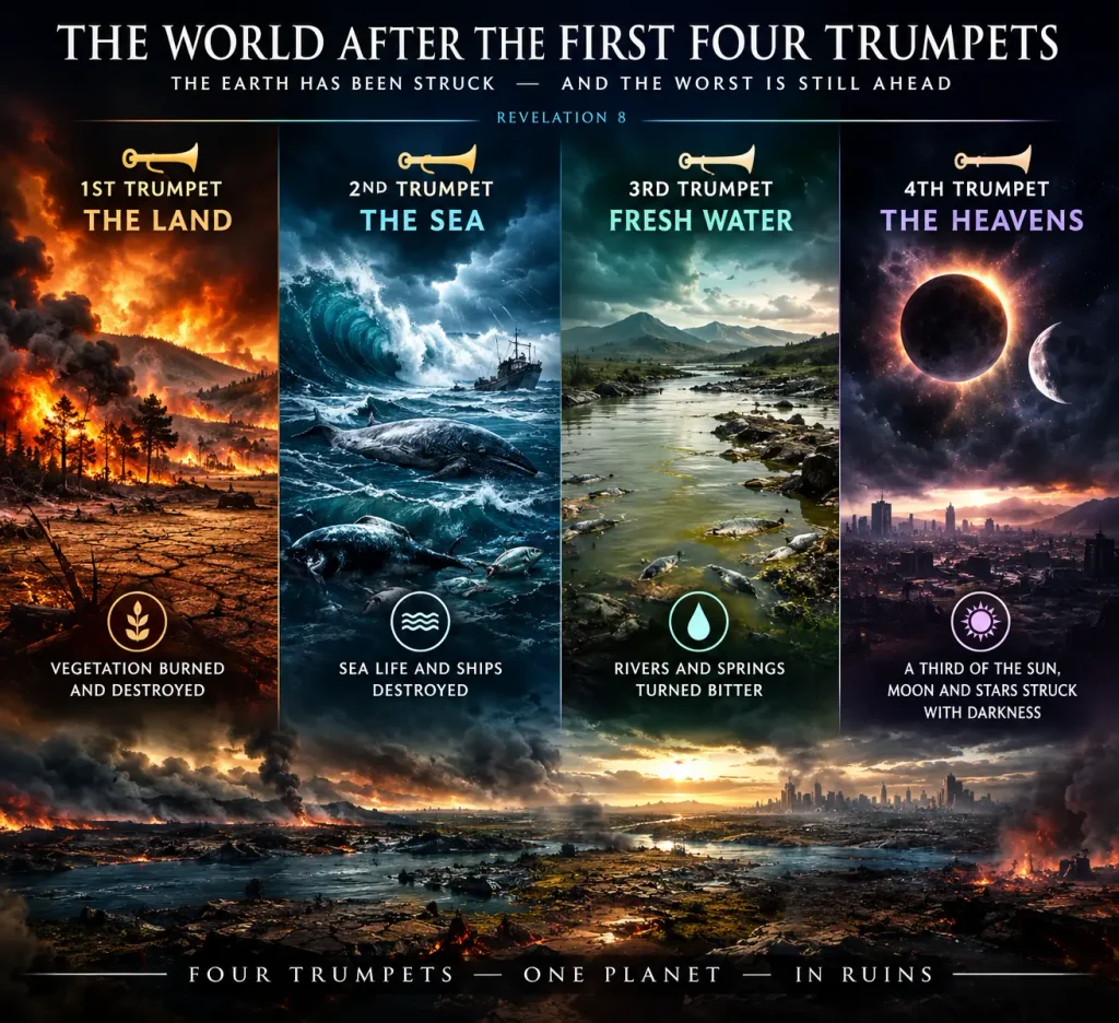 Infographic of the fourth trumpet of Revelation and what the world will look like with the first four trumpet judgments hitting the world.