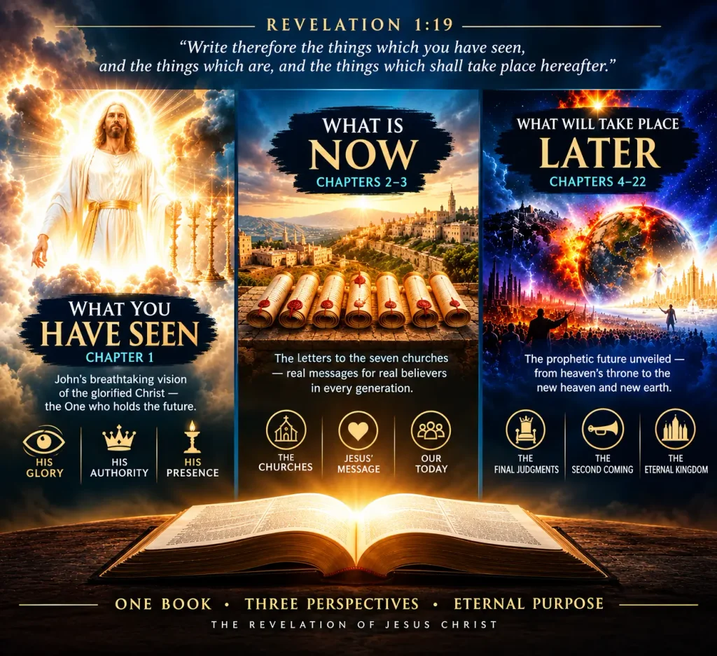 Infographic of what the glorified body of Jesus told John write of the things already seen, what is now, and what will take place later.