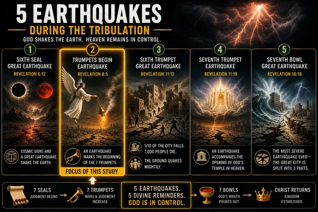 Infographic of the Revelation 8 earthquake and where this earthquake and the golden censer align with the other four earthquakes of the Tribulation.