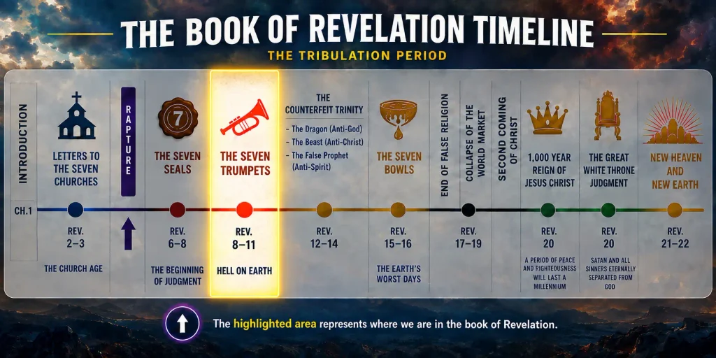 Infographic explaining the 4th trumpet of Revelation 8 and where it appears on the Revelation timeline of the Tribulation.