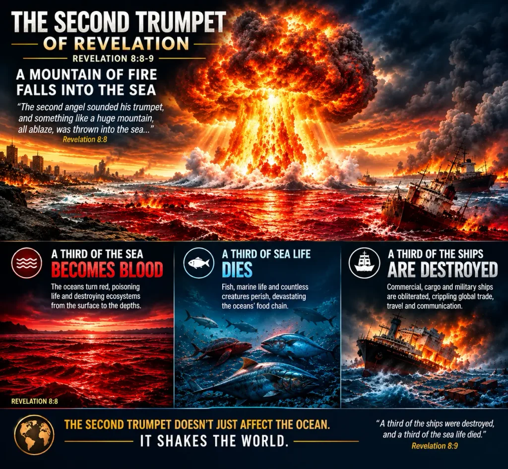 Infographic of the 2nd trumpet of Revealation describing the enormous destruction to come under this judgment in Revelation 8.