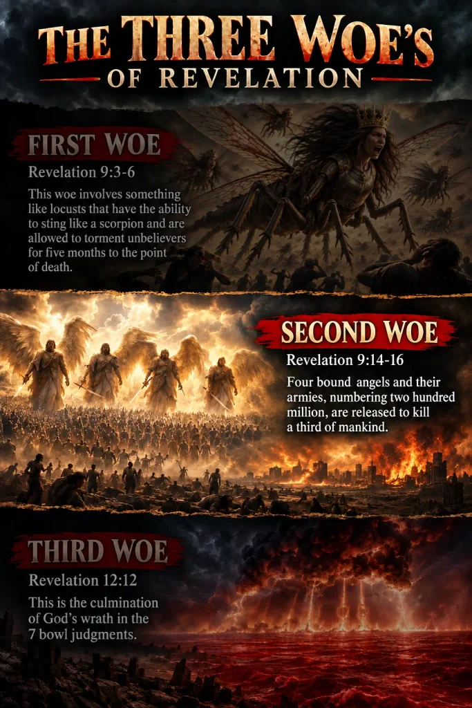 Infographic explaining the second woe beginning at the sound of the 6th trumpet of Revelation 9.
