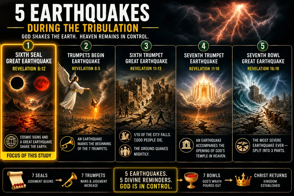 Infographic explaining the great earthquake of the 6th seal of Revelation and where it falls within the 5 earthquakes during the Tribulation.
